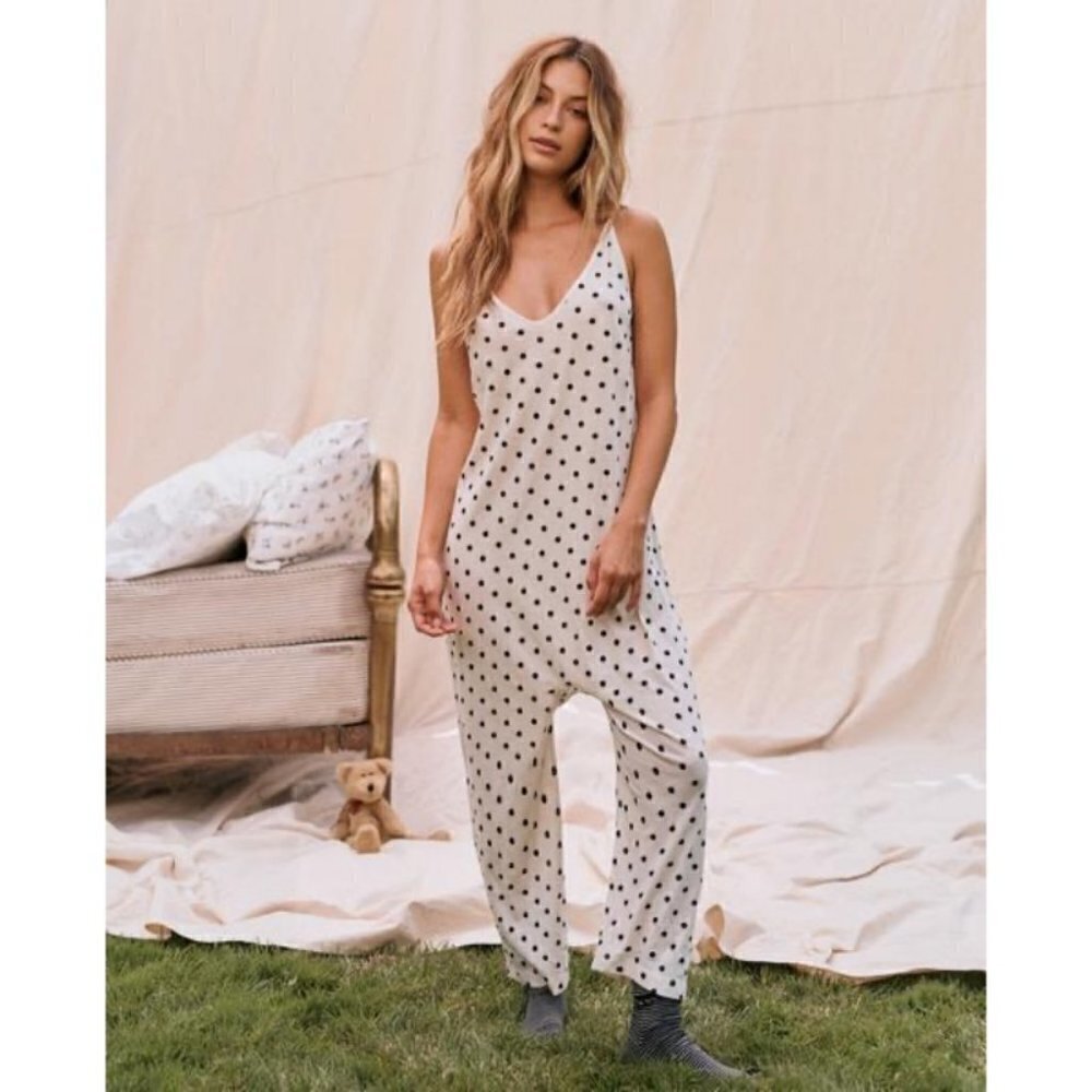 💕THE GREAT💕 The Slip Sleeper Jumpsuit ~ Washed White Big Polka Dot Print S NWT